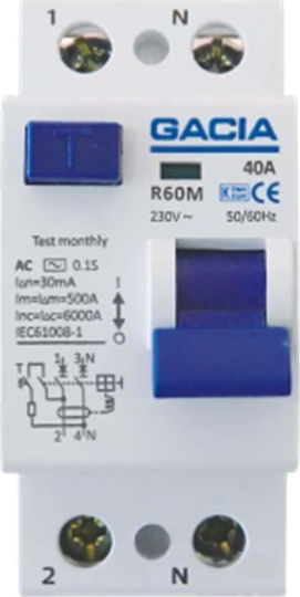 Gacia Phase 2-Pole Earth Leakage Relay 40A 230V 2Χ40Α 300mΑ Type AC