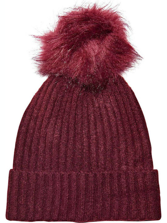 Angie Pom Pom Beanie Γυναικείος Σκούφος με Rib Πλέξη σε Μπορντό χρώμα