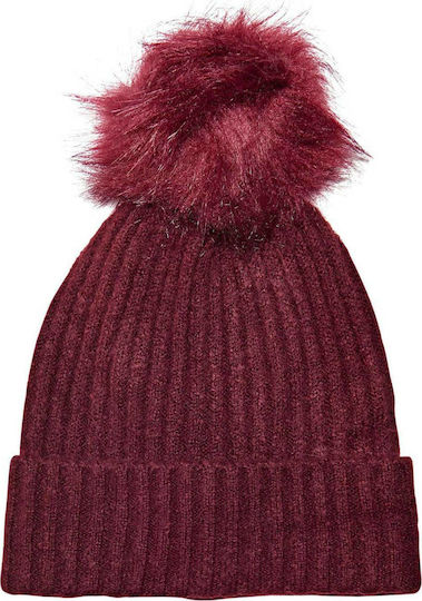 Angie Pom Pom Beanie Γυναικείος Σκούφος με Rib Πλέξη σε Μπορντό χρώμα