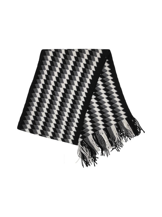 Men's knitted scarf with fringes tricolour Black Grey White White rhombus design code 3167