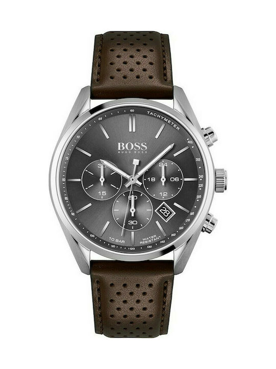 Hugo Boss Champion Uhr Chronograph Batterie mit Braun Lederarmband