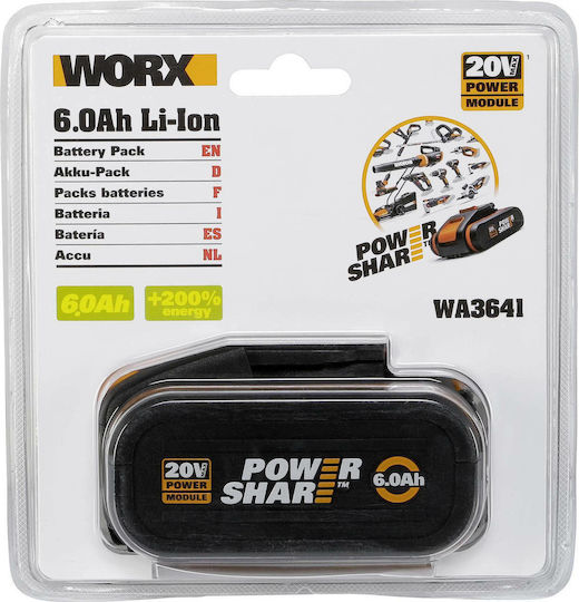Worx Μπαταρία Εργαλείου Λιθίου 20V με Χωρητικότητα 6Ah Li-Ion 20V 6.0Ah