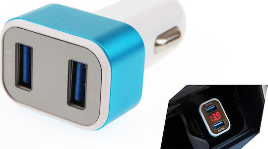Auto Gs Car Charger 3A with Ports: 2xUSB and Voltmeter White Color