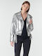 Guess Women's Short Biker Leather Jacket for Winter Silver