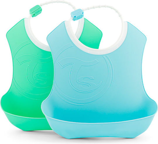 Twistshake Waterproof Bib Plastic with Button & Pocket Pastel Blue-Green for 4 m+ 2pcs