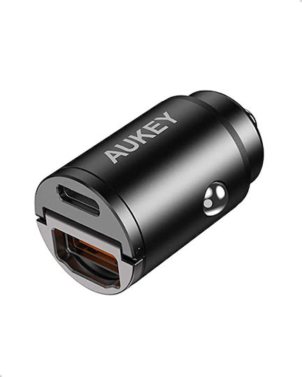 Aukey CCA3BL Autoladegerät 30W 1A mit Anschlüssen: 1xUSB 1xType-C Schwarz Farbe