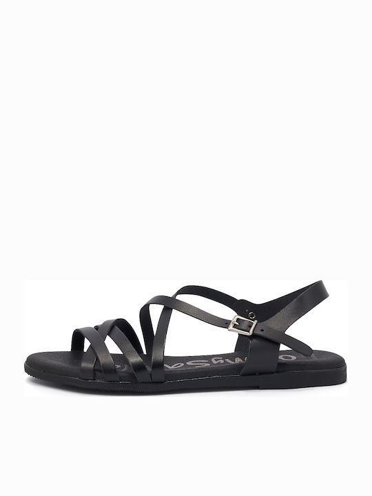 Oh My Sandals Leather Women's Flat Sandals with Strap in Black Color 4540