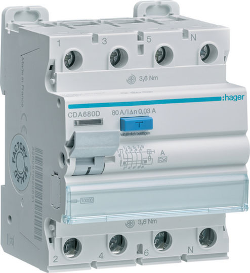 Hager Phase Relays Leckage der Erde 80A Quadruple Pole 30mA