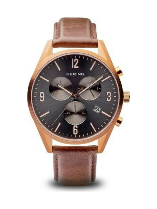 Bering Time Ανδρικό Ρολόι 42mm Χρονογράφος Μπαταρίας με Καφέ Δερμάτινο Λουράκι