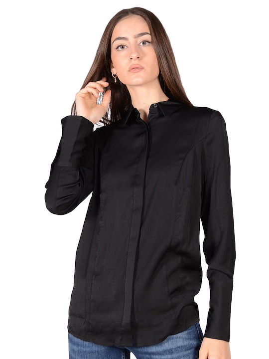 W0BH05W3TO2 GUESS LS VIVIAN SHIRT - RECYCLED SUEDED POLY ΓΥΝΑΙΚΕΙΟ ΠΟΥΚΑΜΙΣΟ ΜΑΥΡΟ