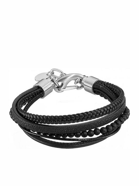 Black leather and steel bracelet BR-ART00412BL