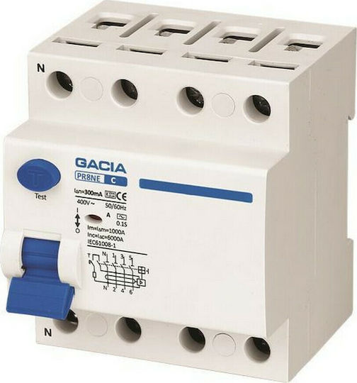 Gacia Phase 4-Pole Earth Leakage Relay 25A 400V 4Χ25Α 6KA 300mA Type A
