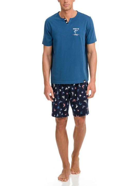 Vamp Men's Summer Cotton Pajamas Set Blue