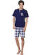 Vamp Men's Summer Cotton Checked Pajamas Set Navy Blue