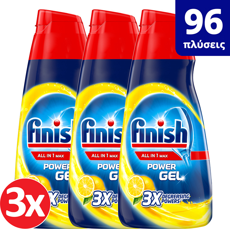 Finish All in 1 Power Gel Πλυντηρίου Πιάτων με Άρωμα Λεμόνι 3x650ml ...