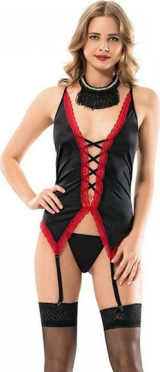 Moongirl Depy Set Babydoll Satin mit Strumpfhaltern Sexy Dessous-Set Black/Red MG1077
