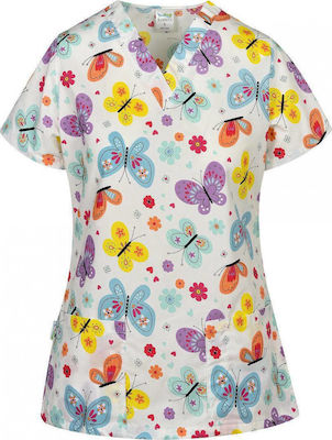 B-Well Bambina Women's Medical Blouse Πεταλούδες και Λουλούδια Multicolour