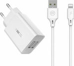 WK Φορτιστής με 2 Θύρες USB-A και Καλώδιο Lightning Λευκός (WP-U56)