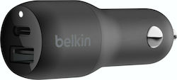 Belkin Car Charger Black with Ports: 1xUSB 1xType-C with Cable Type-C