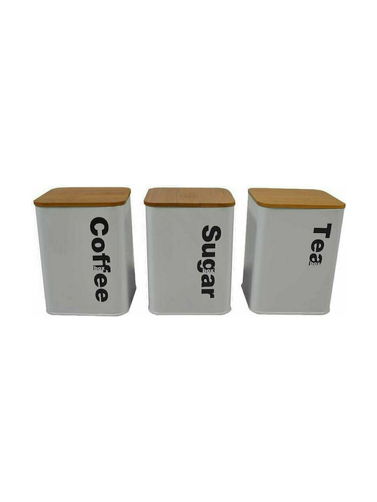 Sidirela Set of 3pcs Jars for Coffee / Sugar / Tea with Lid Metallic White 10x10x14cm