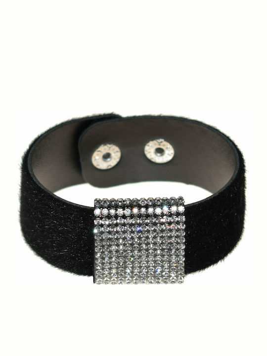 Brass bracelet with white crystals and black fuzz surface BZ-BR-00235