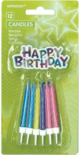 Amscan Κεριά με Βάσεις και Επιγραφή Happy Birthday 12τμχ