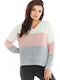 Awama Women's Long Sleeve Sweater with V Neckline Striped Grey/Pink