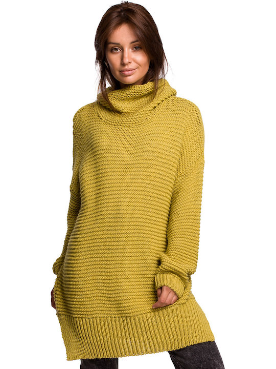 BE Knit BK047 Femeie Tricotaje Bluză-rochie Guler cu guler înalt Mânecă lungă Galben