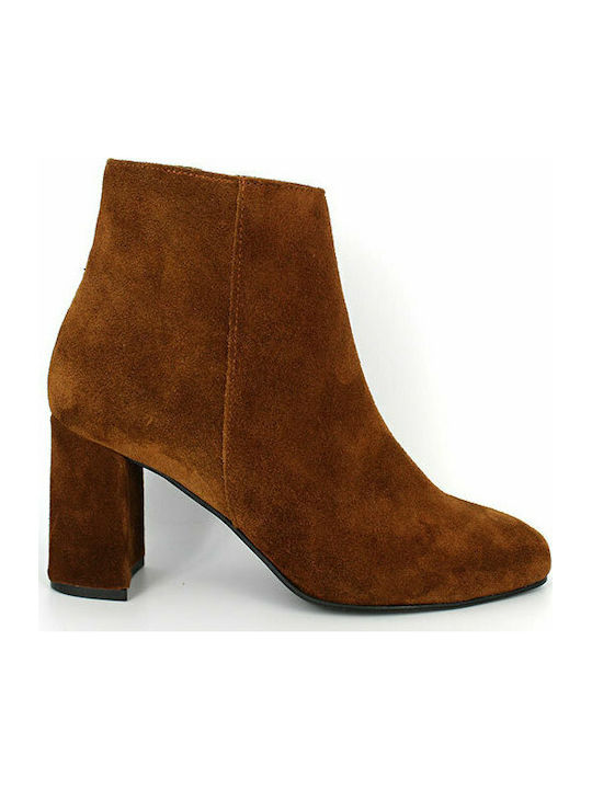 Moods Shoes 7628 Suede Women's Ankle Boots with High Heel Tabac Brown