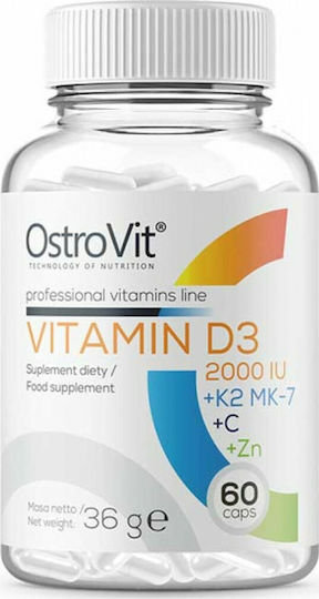 OstroVit Vitamin D3 +K2 MK-7 + Vit C + Zinc Витамин за Здравето на костите 2000иу 60 капси