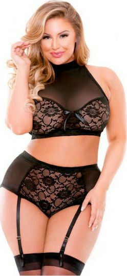 Fantasy Lingerie Katia Halter Bra with Matching Gartered Panty Sexy Σετ Εσωρούχων με Ζαρτιέρες Black