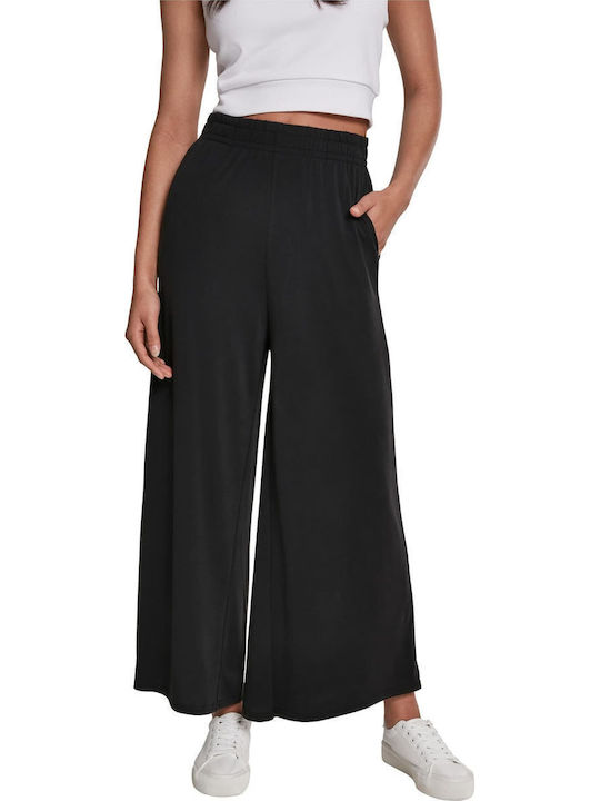 Damen Stoff Hose mit Gummizug in Weitem Schnitt Schwarz
