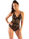 Lingerie Spaghetti Strap String Bodysuit Satien with Lace Black / Black