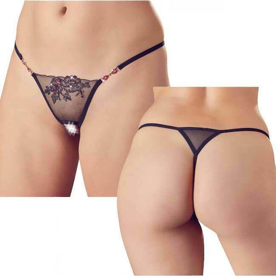 Cottelli Collection Sexy Crotchless Thong with Rhinestones Γυναικείο Sexy String Αυτοκινήτου Black