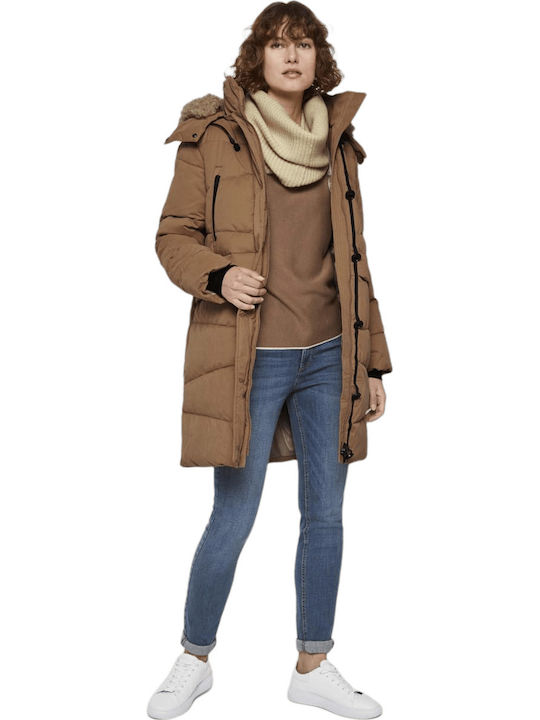 Tom Tailor Women's Long Lifestyle Jacket for Winter with Hood Brown