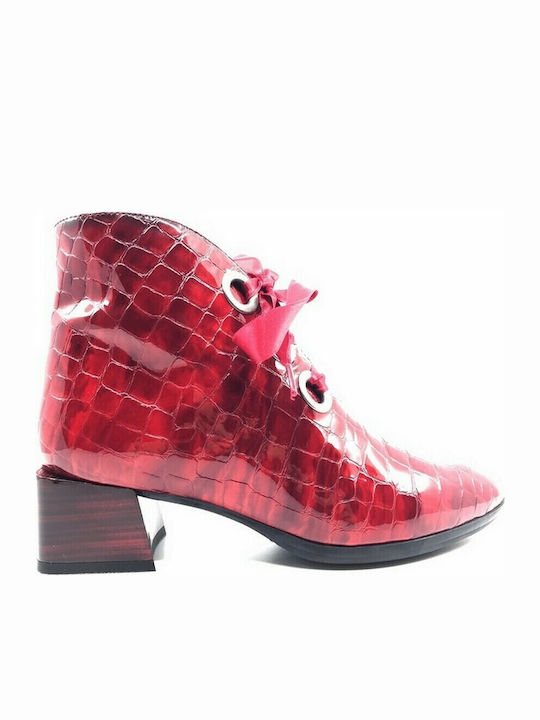 Women's Patent Leather Ankle Boots with Medium Heel Burgundy