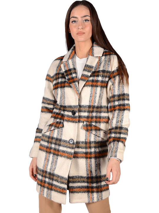 Women's Checked Ecru/Camel Coat with Buttons