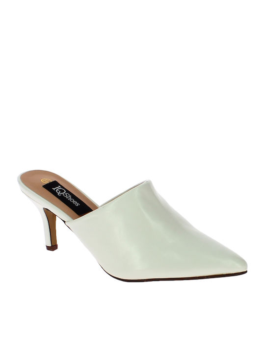 IQ Shoes 127-ZT201 Thin Heel Leather Mules White