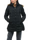 90001 Lang Damen Puffer Jacke mit pelziger Kapuze für Winter Schwarz