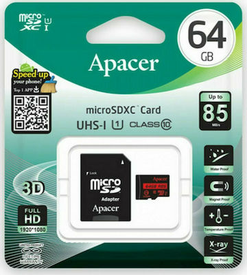 Apacer R85 microSDXC 64GB Clasa 10 U1 UHS-I cu adaptor