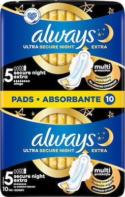 Always Ultra Secure Night Extra Prosoape igienice cu aripi Noapte Mărime 5 în Pachet dublu 2x5 buc