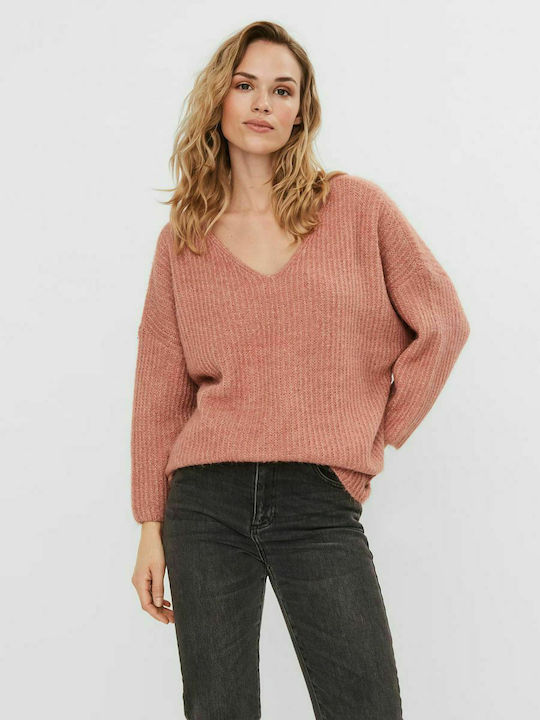 Vero Moda Women's Long Sleeve Sweater with V Neckline Pink