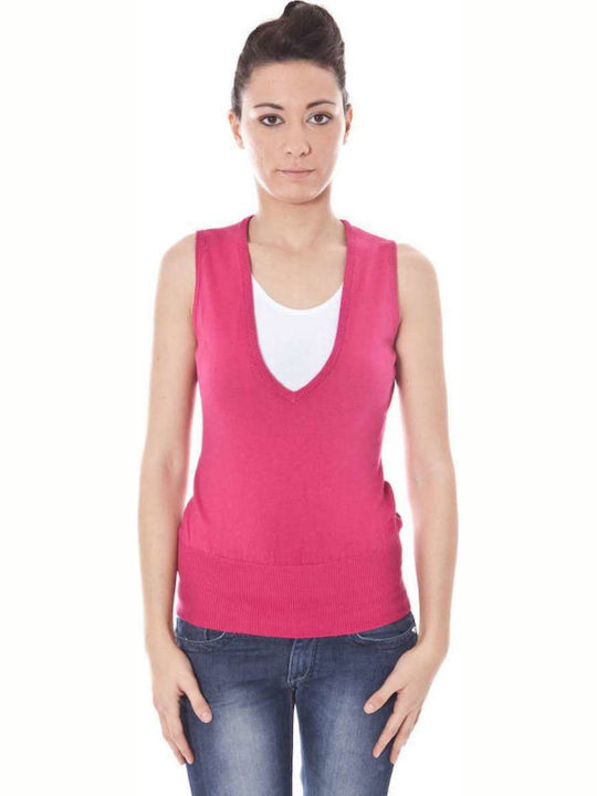 Datch Women's Summer Blouse Cotton Sleeveless with V Neckline Fuchsia