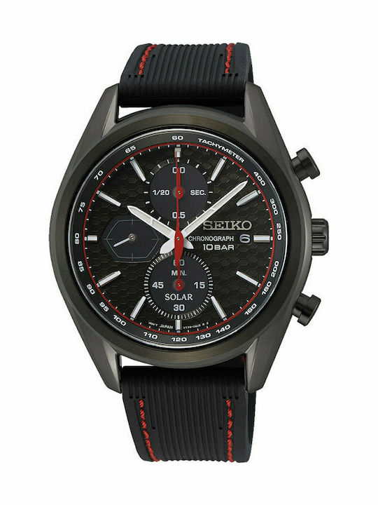Seiko Ανδρικό Ρολόι 41.4mm Χρονογράφος Solar με Μαύρο Καουτσούκ Λουράκι