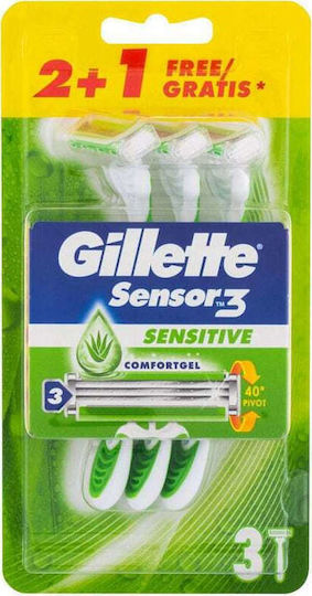 Gillette Sensor3 Sensitive Disposable Razors with 3 Blades & Lubricating Tape for Sensitive Skin 3pcs