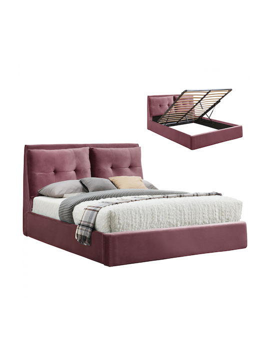 Kendra Κρεβάτι Υπέρδιπλο Επενδυμένο με Ύφασμα Ροζ με Αποθηκευτικό Χώρο & Τάβλες 160x200cm
