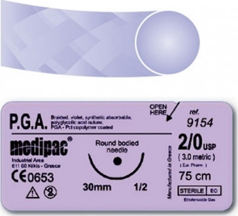 Medipac Surgical Sutures Length 75cm PGA 2.0 with Needle 16mm 9624