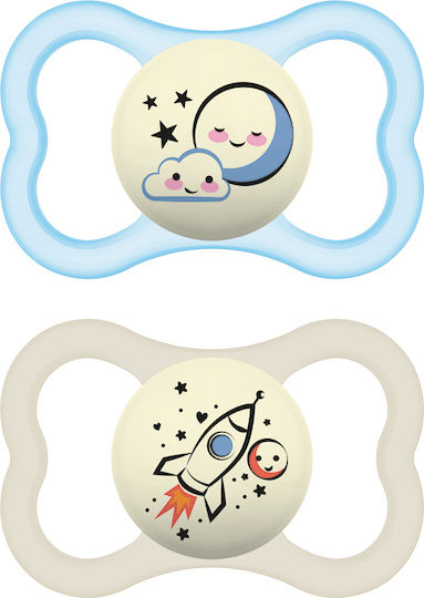 Mam Orthodontic Pacifiers Silicone Night with Case Spaceship-Moon - Blue-Cream for 16+ months 2pcs