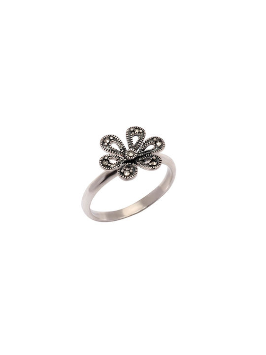 silverline, silver women's ring with flower & marcasite