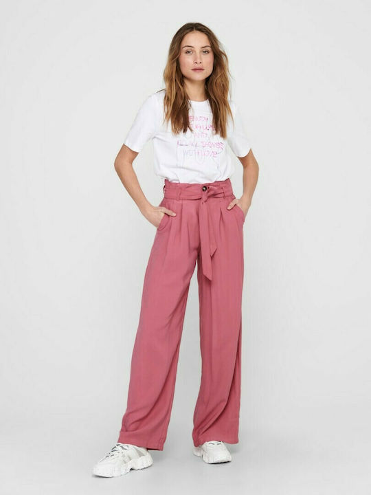 Only Γυναικεία Ψηλόμεση Υφασμάτινη Παντελόνα σε Ροζ Χρώμα